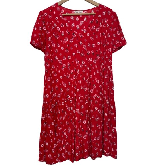 VIOLET SKIES | Women's Short Sleeve Red Floral Babydoll Dress | Size L - Picture 1 of 12